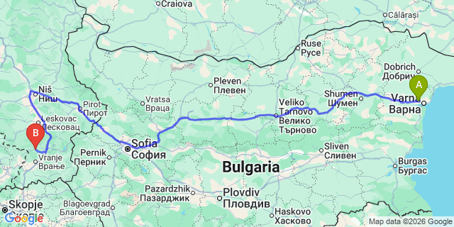Map: Varna Airport (VAR) to Nis