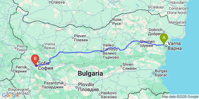 Map: Varna Airport (VAR) to Sandanski