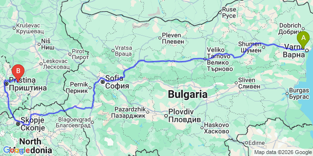 Map: Varna Airport (VAR) to Skopje