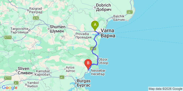 Map: Varna Airport (VAR) to Sozopol