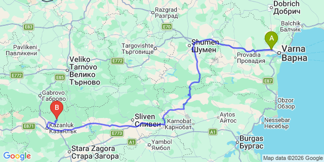 Map: Varna Airport (VAR) to Tryavna