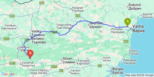 Map: Varna Airport (VAR) to Veliko Tarnovo