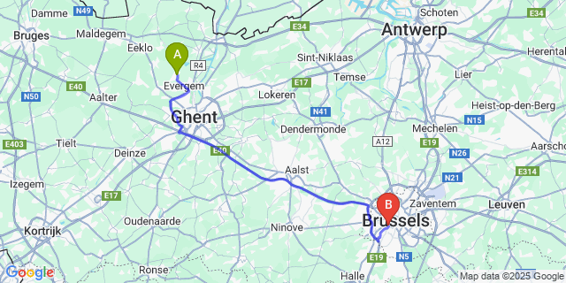 Map: Brussels Midi Train Station to Sleidinge