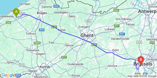 Map: Brussels Midi Train Station to Snaaskerke