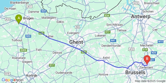 Map: Brussels Zaventem Airport (BRU) to Snellegem