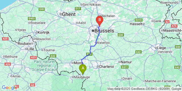 Map: Brussels Zaventem Airport (BRU) to Solre-Sur-Sambre