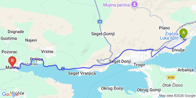 Map: Marina to Split Airport (SPU)