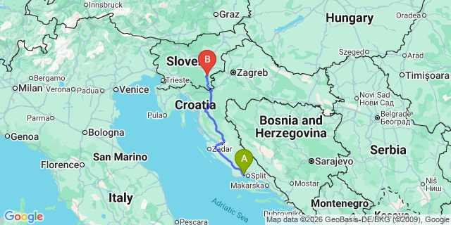 Map: Split Airport (SPU) to Petrcane