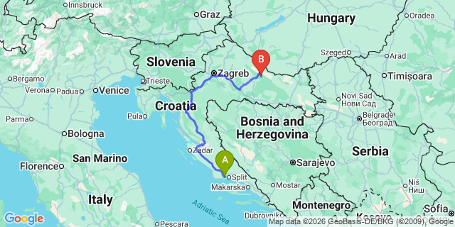 Map: Split Airport (SPU) to Ploce
