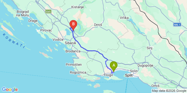 Map: Split Airport (SPU) to Skradin