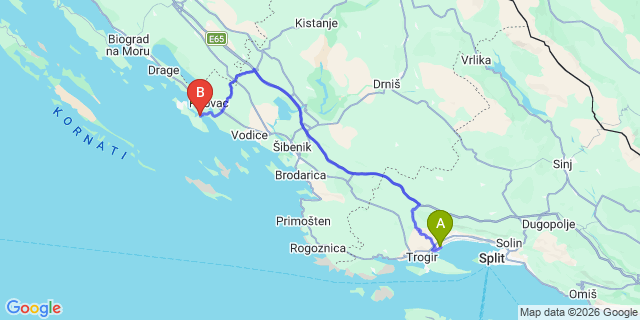 Map: Split Airport (SPU) to Tisno