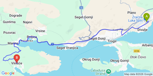 Map: Split Airport (SPU) to Vinisce