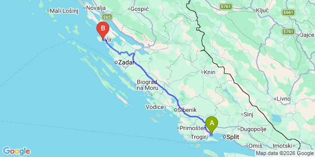 Map: Split Airport (SPU) to Vir