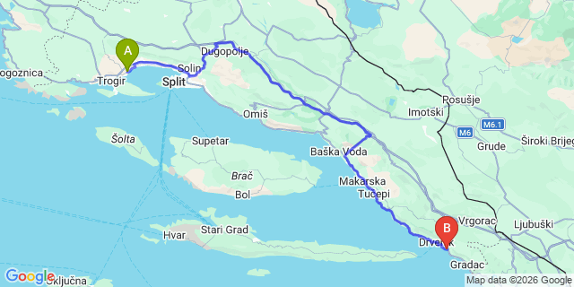 Map: Split Airport (SPU) to Zaostrog