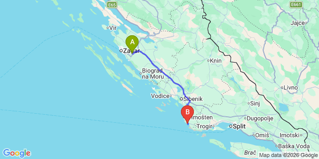 Map: Zadar Airport (ZAD) to Grebastica