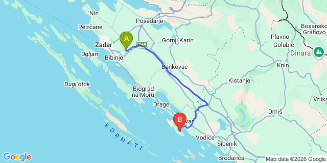 Map: Zadar Airport (ZAD) to Marina ACI Jezera