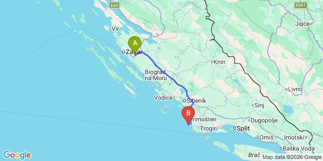 Map: Zadar Airport (ZAD) to Primosten