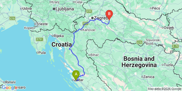 Map: Zadar Airport (ZAD) to Sinj