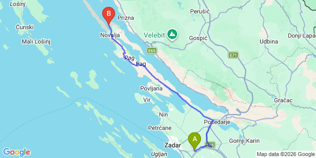 Map: Zadar Airport (ZAD) to Stara Novalja