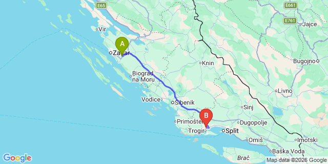 Map: Zadar Airport (ZAD) to Trogir