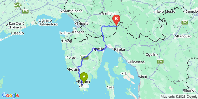 Map: Pula Airport (PUY) to Ljubljana