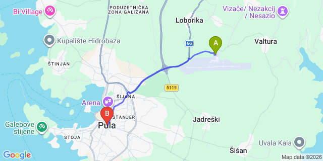 Map: Pula Airport (PUY) to Pula
