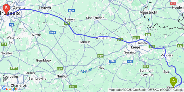 Map: Brussels Midi Train Station to Stavelot