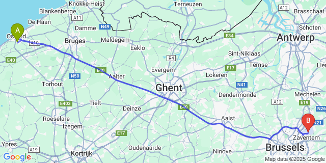 Map: Brussels Zaventem Airport (BRU) to Stene