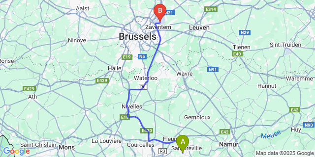 Map: Brussels Zaventem Airport (BRU) to Tamines