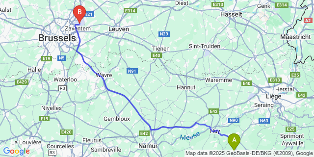 Map: Brussels Zaventem Airport (BRU) to Terwagne