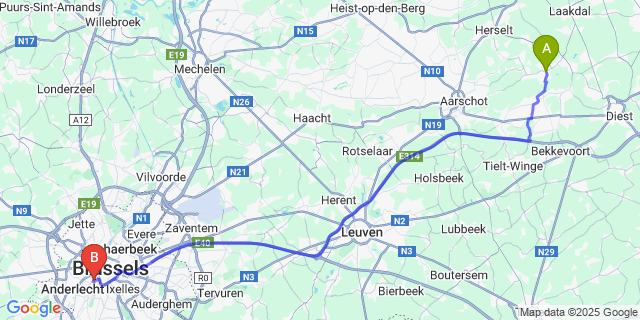 Map: Brussels Midi Train Station to Testelt