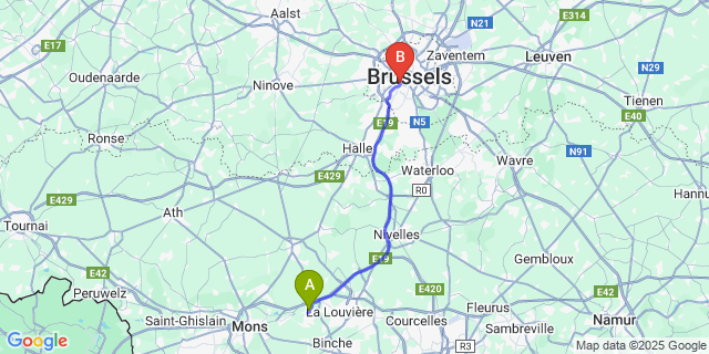 Map: Brussels Midi Train Station to Thieu