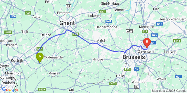 Map: Brussels Zaventem Airport (BRU) to Tiegem