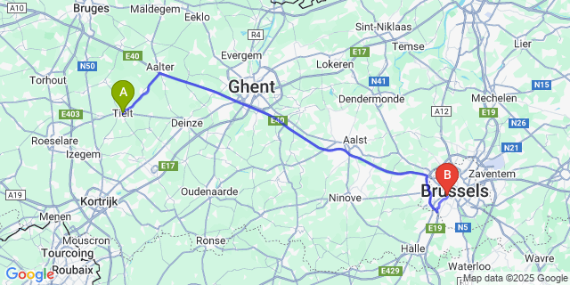 Map: Brussels Midi Train Station to Tielt