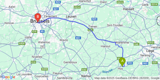 Map: Brussels Midi Train Station to Tihange
