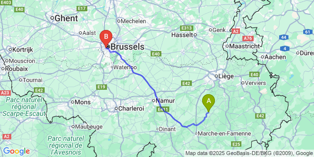 Map: Brussels Midi Train Station to Tohogne