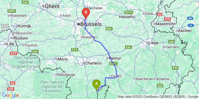 Map: Brussels Zaventem Airport (BRU) to Treignes