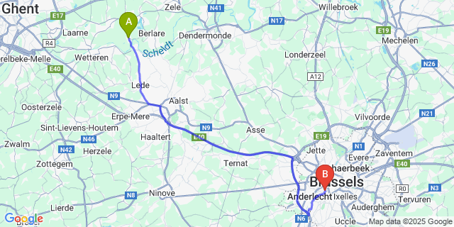 Map: Brussels Midi Train Station to Uitbergen