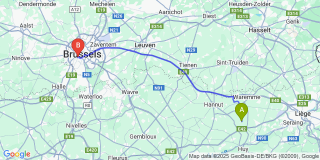 Map: Brussels Midi Train Station to Vaux-Et-Borset