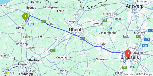 Map: Brussels Midi Train Station to Veldegem