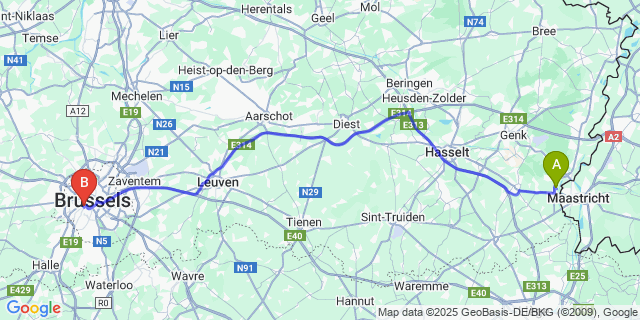 Map: Brussels Midi Train Station to Veldwezelt