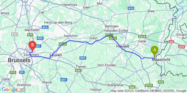 Map: Brussels Zaventem Airport (BRU) to Veldwezelt
