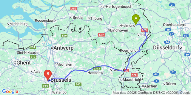 Map: Brussels Midi Train Station to Veulen