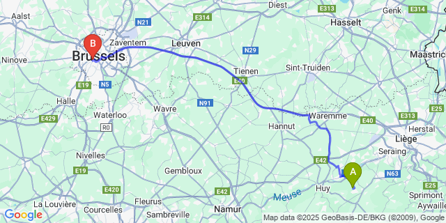 Map: Brussels Midi Train Station to Villers-Le-Temple