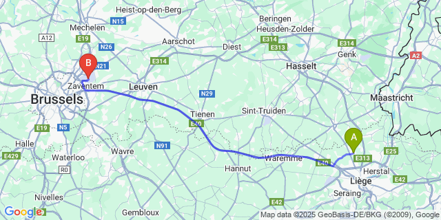 Map: Brussels Zaventem Airport (BRU) to Villers-Saint-Siméon