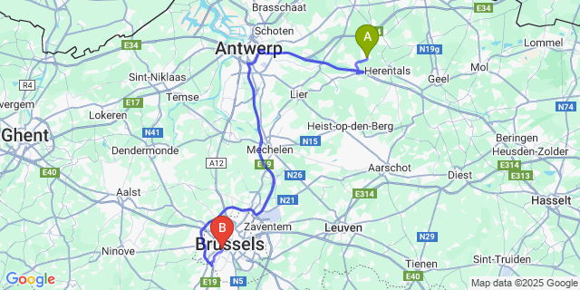 Map: Brussels Midi Train Station to Vorselaar