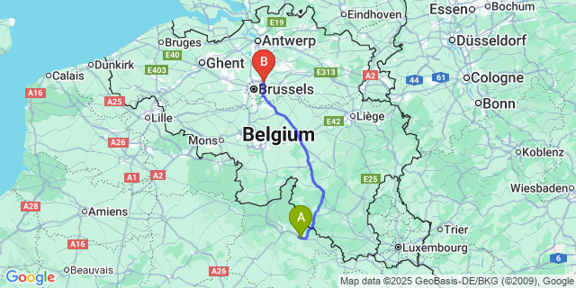 Map: Brussels Zaventem Airport (BRU) to Wadelincourt
