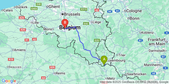 Map: Charleroi Airport Brussels South (CRL) to Dudelange