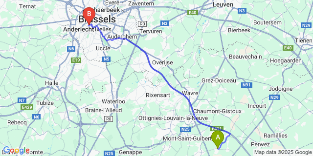 Map: Brussels Midi Train Station to Walhain-Saint-Paul