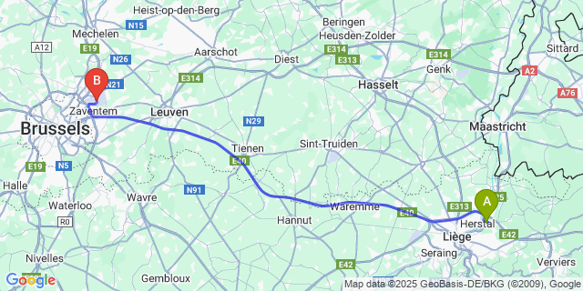 Map: Brussels Zaventem Airport (BRU) to Wandre